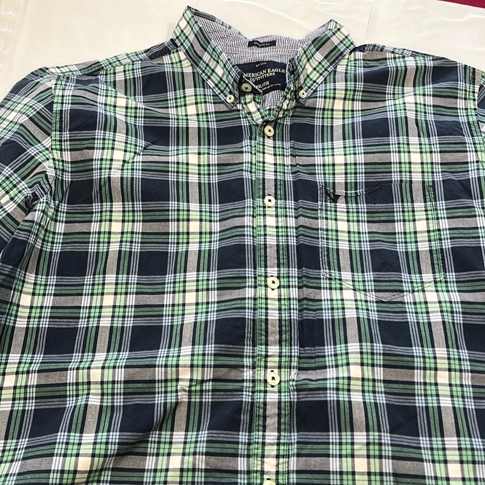 American eagle blue green plaid shirt men 2XL athletic fit button front light wt